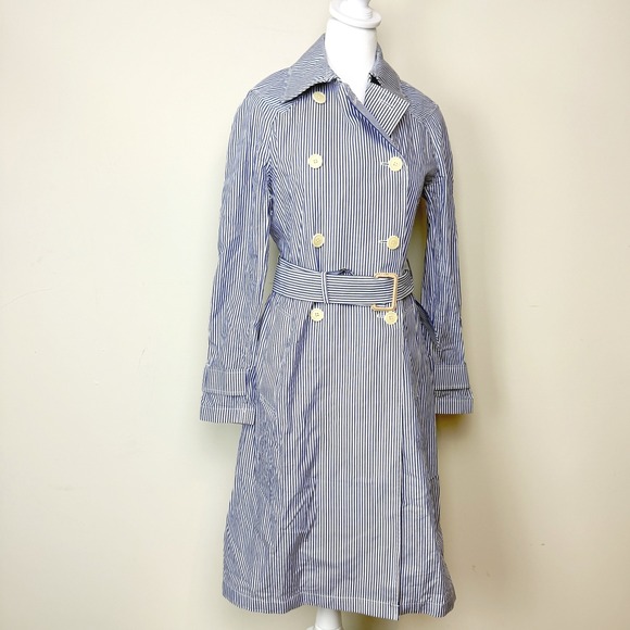 J.CREW Womens Striped Trench Coat Double Breasted Belted Size 2‎ Womens New - Picture 1 of 12
